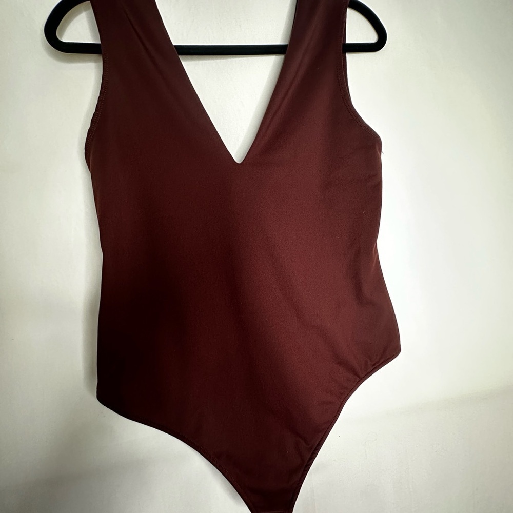 Free People Deep V-Neck Burgundy bodysuit